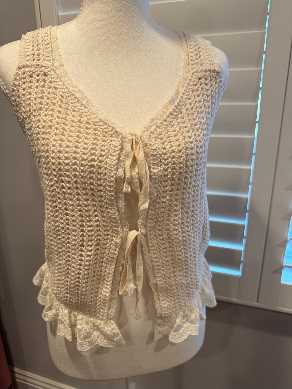 BOGO 🟢 Cream Crochet Tie-Front Ruffle Tank